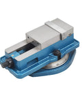 Three Inch Heavy Duty Milling Vise With Bullseye Precision Clamping, blue base and metal jaw for precise workshop tasks.