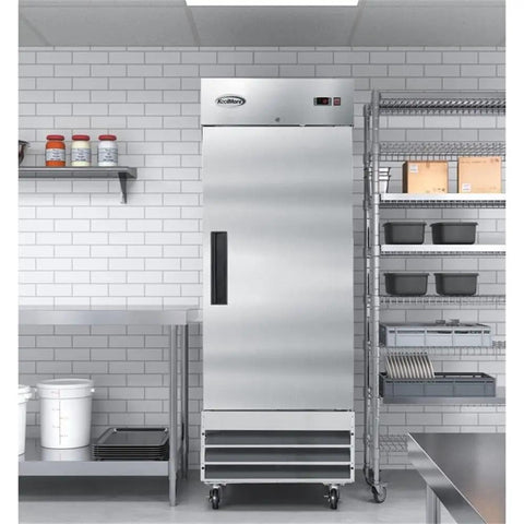 Pro Grade 23 Cubic Foot Commercial Reach In Refrigerator With Heavy Duty Stainless Steel Exterior in restaurant kitchen.