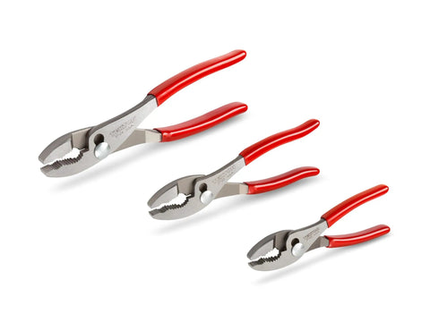 Slip Joint Pliers Set Three Piece Six And A Half Inch Eight Inch And Ten Inch With Universal Jaws For Gripping Multiple Shapes And Wire Nut And Bolt Tension Adjustment Slim Non Slip Grips Made In USA, displayed in red and silver with adjustable jaws
