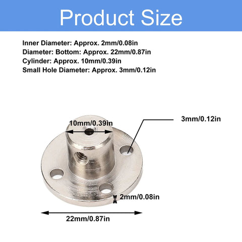 Steel flange coupling connector, 2mm inner bore, 22mm outer diameter, 10mm cylinder, four mounting holes, silver