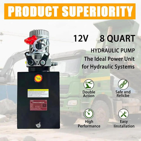 8 Quart Hydraulic Power Unit With 12V DC Motor 2600 RPM Double Acting Pump 3200 PSI Max Pressure Metal Reservoir For Dump Trailers And Car Lifts SAE 6 Port Steel
