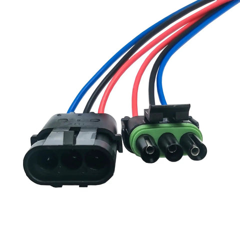 Heavy Duty 3 Way Male To Female Weather Pack Connector Kit With 12010717 And 12015793 Terminals For Auto Wiring Repairs Featuring Durable Copper Pins And 16 Awg Wires, close-up with 3-pin connectors