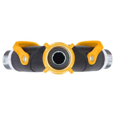 Front view of EZ-Flow 2-Way Hose Valve With Lever Design For Easy Water Split, high flow valves, and swivel couplings.
