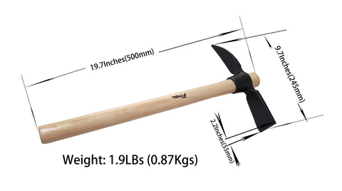 Forged Classic Planting Hoe And Mattock For Garden Weeding And Cultivating 19.7 Inch Beech Wood Handle Digging Tool showcasing dimensions.