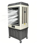 Heavy Duty Evaporative Air Cooler With 5885 CFM Big Blast Airflow And 26 Gal Tank Portable Swamp Cooler 120 Oscillation 3 Speed blowing air.