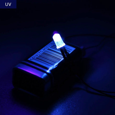 Illuminated 100 Pcs 5mm Prewired 12V UV LED Diodes Kit With 9.4 Inch Wire Leads lighting barcode in dark setting