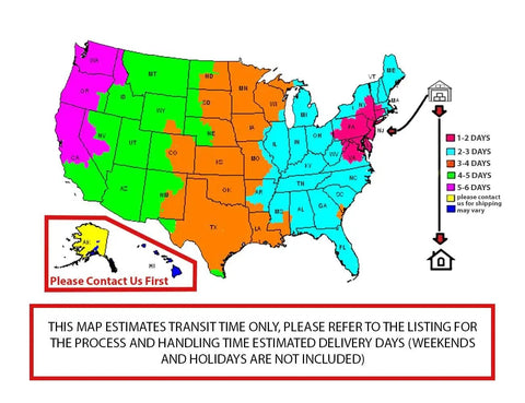 US map showing estimated transit times for delivery in different color-coded regions and note for contact.