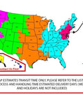 USA delivery transit time map with colored regions and shipping legend key