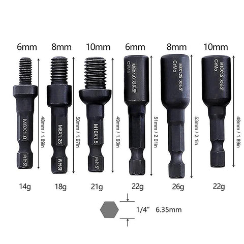 Six Piece Set With Quarter Inch Shank Double Ended Air Sockets Built Tough In Durable Chrome Molybdenum Steel For Furniture And Woodworking Projects Adaptable To Preassembled Screws In Sizes M6 M8 And M10 visible with sizes and weights.