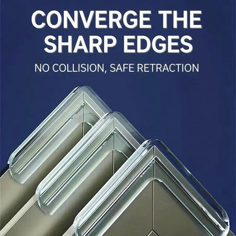 Top Shelf Clear PVC Corner Guards 8 Pack L Shaped Protective Bumpers for Tables and Doors, clear edges displayed on a blue background.