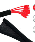 Self Closing Cable Sleeve For Flexible Cable Management In Your Desk Setup At Desks, PCs, TVs And More, Heat Fire And UV Resistant Cord Channel In Black, 25 Mm Diameter, 82 Ft Long showing cable entry and cut icon