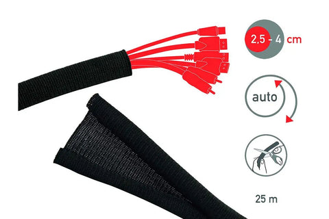 Self Closing Cable Sleeve For Flexible Cable Management In Your Desk Setup At Desks, PCs, TVs And More, Heat Fire And UV Resistant Cord Channel In Black, 25 Mm Diameter, 82 Ft Long showing cable entry and cut icon