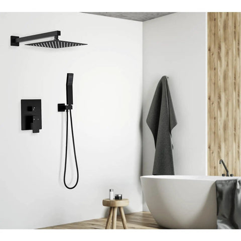 Luxury bathroom featuring Matte Black 12 Inch Rainfall Shower Head System With Handheld Square Shower Head Wall Mounted