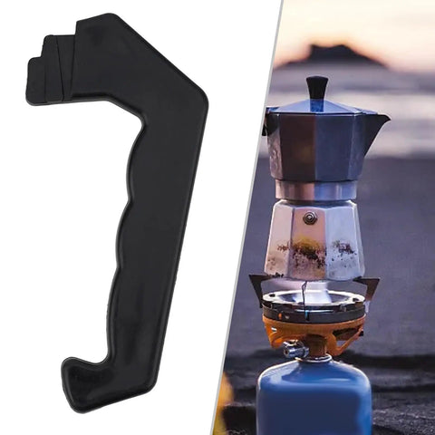 Moka Pot Handle Replacement For 1 To 12 Cup Stovetop Espresso Pots, black plastic handle next to brewing pot on stove