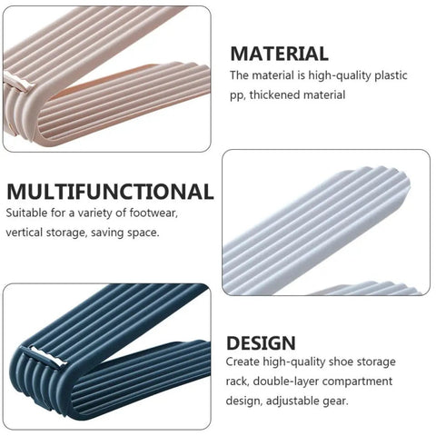 Double Deck Vertical Shoe Slot Organizer With Adjustable Two Tier Design material details in high-quality plastic.