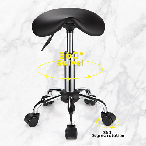 Saddle Rolling Stool With Wheels PU Leather Height Adjustable Swivel Chair Black 360 Degree Rotation