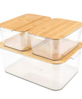 Clear PET Plastic Storage Bins With Removable Bamboo Lids And Grab Handles, Stackable Lidded Kitchen And Laundry Boxes, Set Of 3