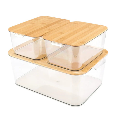 Clear PET Plastic Storage Bins With Removable Bamboo Lids And Grab Handles, Stackable Lidded Kitchen And Laundry Boxes, Set Of 3