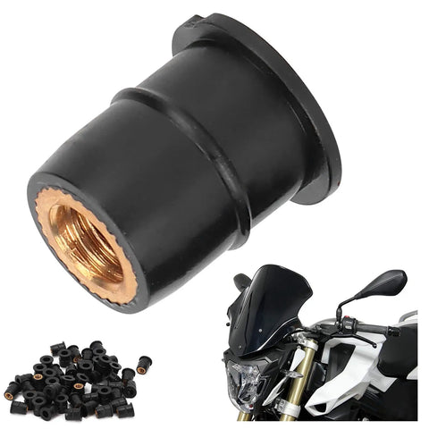 50 Pack M6x0.8mm Rubber Well Nuts With Captive Brass Inserts For Motorcycle Windscreen And Atv Panel Mounting Vibration Dampening Fasteners close-up of a rubber well nut with brass insert.