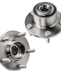 Pair Of Front Wheel Bearing And Hubs Assembly For Mazda 3 2004 2005 With 5 Lug 2.0L 2.3L Front Wheel Hub Replacement Including ABS Encoder Durable And Bolt In Ready Built To Endure Road Tests And Deliver Smooth Quiet Performance, showing two silver hubs with lug bolts and ABS encoder