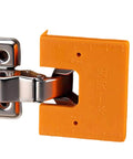 Close-up of a Cabinet Door Mounting Jig With Magnetic Locking For No Drill Installation And Quick Cabinet Hinge Alignment, showing hinge alignment.
