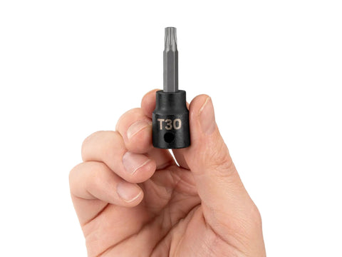 Hand holding 3/8-Inch Drive Torx Impact Bit Socket T30 with Precision Geometry and Two-Piece Design for heavy-duty fastening