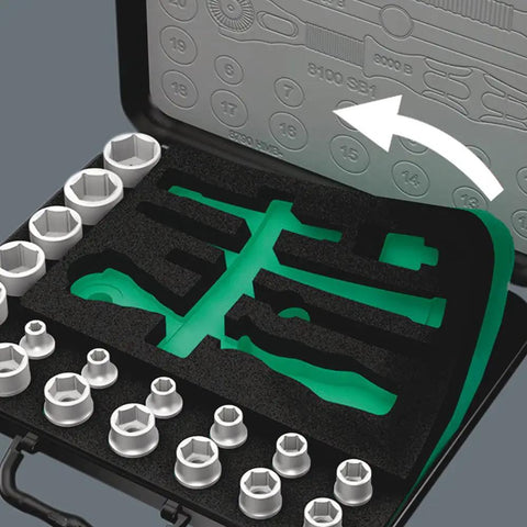 Open case showing Zyklop 1/4 Inch Metric Ratchet Set 42 Piece Kit with 13 sockets and foam lining for organizing tools.