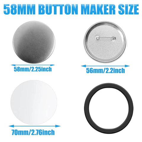 Dope 58mm Button Maker Kit For DIY Badges With 100 Sets And 10 Bonus Keychains showing button sizes and parts.