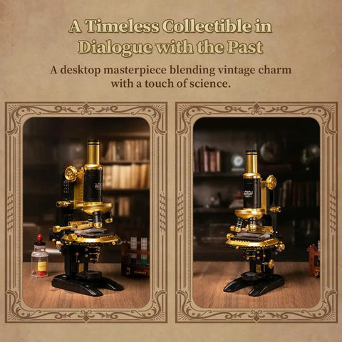 Retro Microscope Building Kit With Antique Brass Finish For Adults Dope DIY Science Toy Realistic Brass Details Hands On STEM Project Educational Desk Decor For Makers And Curious Minds displayed on a desk