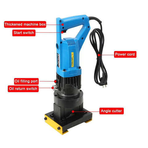 Top Notch 1400W Portable Electric Hydraulic Angle Cutter with power cord, oil filling port, and start switch for precise metal cutting.