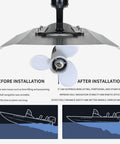 Comparison graphic showing effects of Whale Tail Hydrofoil Stabilizer For Outboard Boats 40-350HP, Adjustable Anti Cavitation Plate And Trim Tab To Stop Porpoising.