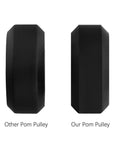 Comparison of two black POM pulleys, labeled 'Other Pom Pulley' and 'Our Pom Pulley', used in 13 Pack 3D Printer Rollers V Slot.