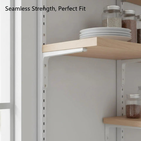 L Shaped Shelf Bracket in White Steel Built Tough for Wall Mounted Cabinets and Floating Shelves supporting wooden shelf
