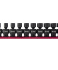 Ten-piece Three Eighth Inch Drive Universal Impact Socket Set on red holder, metric 10mm to 19mm, Cr Mo Alloy Steel, radius corner design