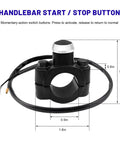 Heavy Duty Seven Eighths Inch Motorcycle Handlebar Switch showing start/stop button, black casing, dimensions 1.9in x 1.8in.