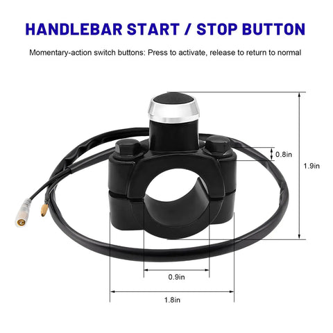 Heavy Duty Seven Eighths Inch Motorcycle Handlebar Switch showing start/stop button, black casing, dimensions 1.9in x 1.8in.