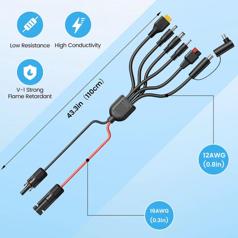 Diagram of All-In-One 7-In-1 Solar Panel Adapter Kit with 3.6 Ft 12AWG MC4 Cable to DC 8mm XT60 and Anderson Connectors.