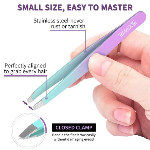 Close-up of 7 Piece Eyebrow Tweezers Set With Curved Scissors And Eyebrow Razor For Ingrown Hair Removal highlighting stainless steel tips