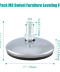 M8 Swivel Furniture Leveling Feet T Nuts 2 Inch Pad Stop That Wobble Quick Adjustable Table Base Makes Crib Rock Solid for Couches Desks and Shelves 12 Pack showing 2-inch metal pad with threaded stud.