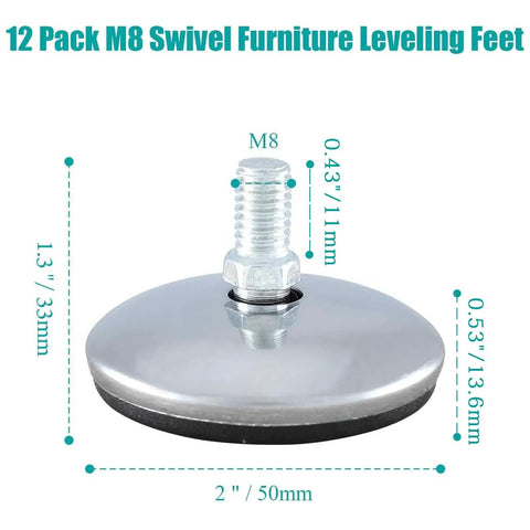 M8 Swivel Furniture Leveling Feet T Nuts 2 Inch Pad Stop That Wobble Quick Adjustable Table Base Makes Crib Rock Solid for Couches Desks and Shelves 12 Pack showing 2-inch metal pad with threaded stud.