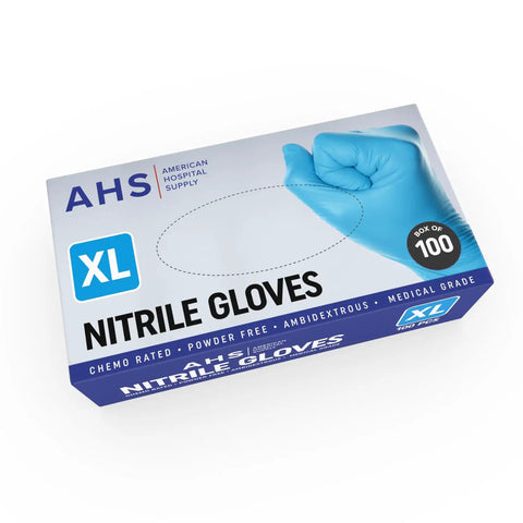 Heavy Duty Chemo Rated Nitrile Exam Gloves In X Large Fit With 1000 Powder Free Count For Medical Grade Security And Chemical Resistance That Powers Through Daily Clinical Or Warehouse Tasks Without Breaking A Sweat - Blue box with gloves.