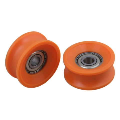 Top Shelf 4 Piece U Groove Pom Pulley Pack Featuring A Clean 6 mm Bore And 30 mm Rim Built Tough For 79 Kg Load Capacity And Slick Fast Spin On Any Hardworking DIY Assembly Project, showing two orange pulleys with sealed steel bearings.