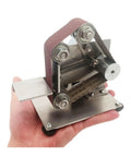 Heavy Duty Pneumatic Belt Sander Mini Handheld Grinder for Deburring Sanding, shown in hand, showcasing adjustable speed and compact design.