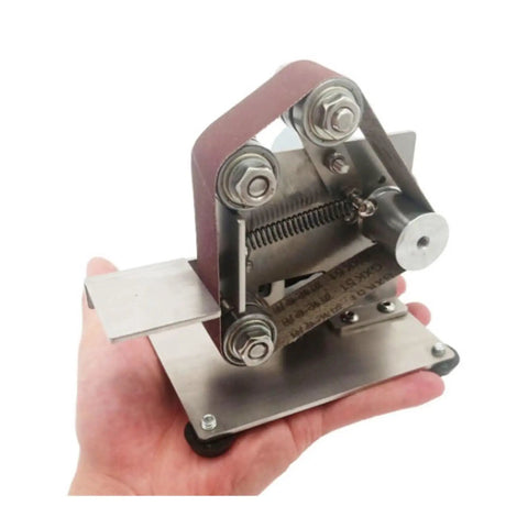 Heavy Duty Pneumatic Belt Sander Mini Handheld Grinder for Deburring Sanding, shown in hand, showcasing adjustable speed and compact design.