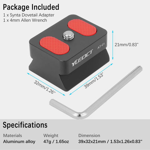 Rugged Aluminum DSLR Video Camera Finder Dovetail Mount With One Quarter Inch Screw beside Allen wrench, dimensions shown