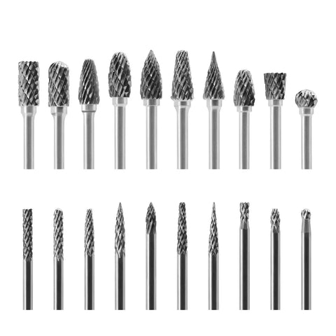Tungsten Carbide Rotary Burr Set 20 Pc One Eighth Inch Shank Double Cut Bits for Die Grinders and Dremel displayed in rows