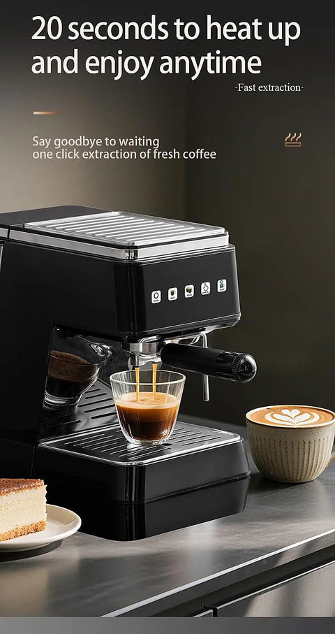 Compact Semi Automatic Espresso Coffee Maker With Built In Steam Wand For Lattes And Cappuccinos, brewing espresso with glass cup.
