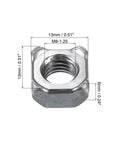 Heavy Duty Square Weld Nuts M8-1.25 UNC Carbon Steel Machine Screws Gray 10 Pack showing dimensions 13mm wide, 6mm tall.