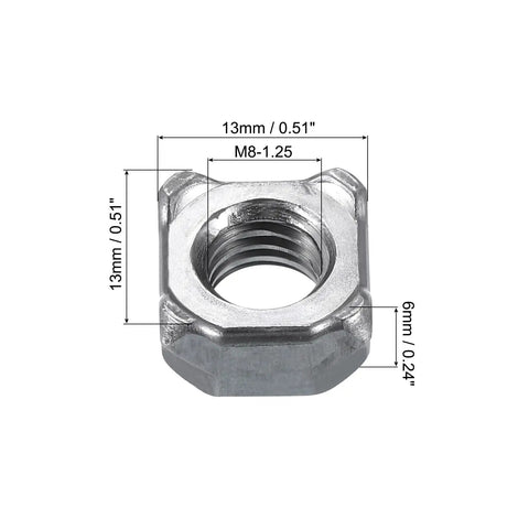 Heavy Duty Square Weld Nuts M8-1.25 UNC Carbon Steel Machine Screws Gray 10 Pack showing dimensions 13mm wide, 6mm tall.