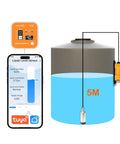 Illustration of Smart WiFi Water Level Sensor with Ultrasonic Transmitter, IP67 tank monitor, 5m range showing levels on app.